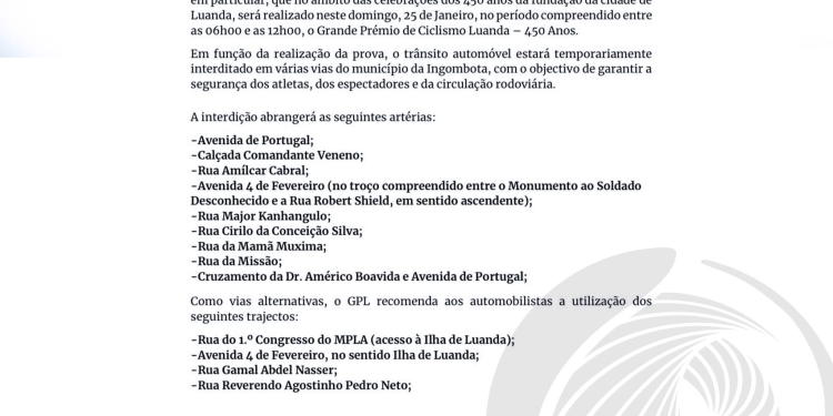 Trânsito condicionado na Ingombota devido ao Grande Prémio de Ciclismo Luanda 450 Anos