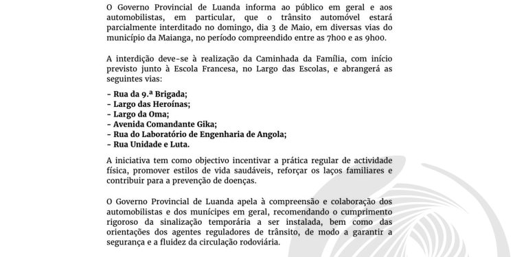 GPL anuncia interdição parcial do trânsito na Maianga devido à Caminhada da Família